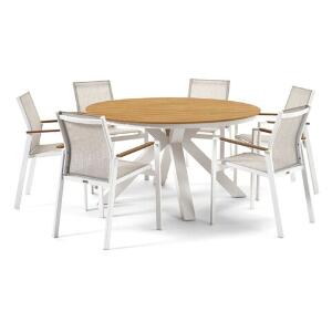 Set 6 scaune si masa rotunda, Bahia, aluminiu, alb/gri/natur
