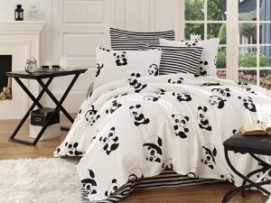 Set cuvertura de pat, EnLora Home, Panda Black White, 3 piese, 100% bumbac, alb/negru