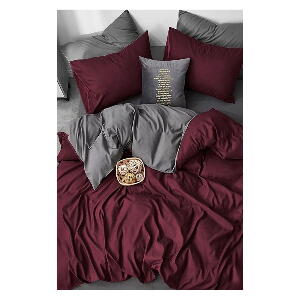 Lenjerie de pat burgundy/gri din bumbac pentru pat dublu/extins și cearceaf 200x220 cm – Mila Home