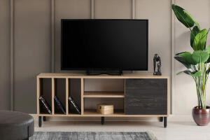 Comoda TV, Kalune Design, Casares, 140x55x40cm, Stejar / Maro inchis