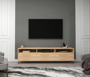 Comoda TV, Woodface, Holmes, 178x50x30cm, 100% LEMN MOLID DE PIN, Natural