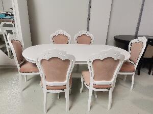 Set lux masa alba extensibila 150/190/90/77 h + 6 scaune tapitate roz