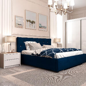 Dormitor MONTELLO Velvet, pat tapitat catifea Blue, dulap usi culisante , noptiere, Oak, Alb Gloss