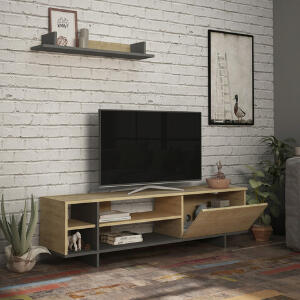 Comoda TV, Decortie, Stockton, 160x44x35.6 cm, Stejar / Antracit