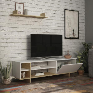 Comoda TV, Decortie, Stockton, 160x44x35.6 cm, Stejar alb