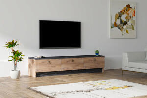 Comoda TV, Puqa Design, Pega, 160x35x35 cm, PAL, Negru / Safir