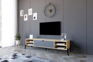 Comoda TV, Puqa Design, Santa, 160x36x40 cm, PAL, Stejar safir / Antracit