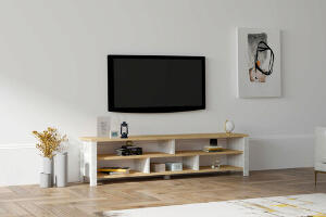 Comoda TV, Puqa Design, Velma, 140x35x30 cm, PAL, Safir / Alb