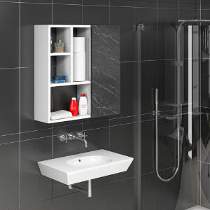 Dulap de baie, Olivia, Secret, 60x63.6x22 cm, PAL, Marmură albă/neagră