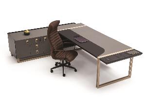 Masa de birou din pal si metal, cu 2 usi si 3 sertare, Froody Negru / Gri, L285xl210xH75 cm
