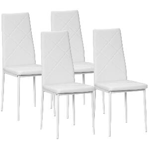 Set de 4 scaune de sufragerie HOMCOM cu spatar inalt, scaune moderne din piele artificiala si otel, 41x50x97cm, alb | Aosom RO
