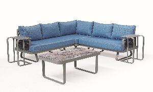 Set mobilier modular pentru gradina / terasa, Serano Gri / Albastru, coltar 5 locuri + 3 mese de cafea