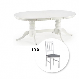 Set Masa extensibila JOSEPH, lemn masiv, ovala, 150 190x90x77 cm + 10 scaune BOSS IV, 43x40x94 cm, alb