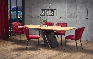 Set masa extensibila din MDF si metal Fergal Stejar / Negru + 6 scaune tapitate cu stofa Kai-399 Bordeaux, L160-220xl90xH75 cm