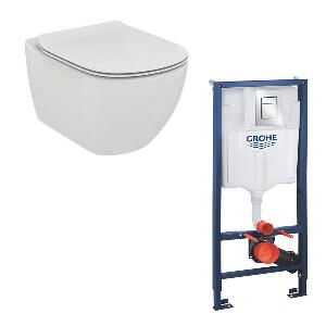 Set vas wc Ideal Standard Tesi AquaBlade cu capac soft close si rezervor Grohe cu clapeta Skate Cosmopolitan S