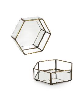 Cutie pentru depozitare cu capac, din sticla si metal Hexagonal Small Transparent / Alama, L16xl14xH6 cm