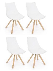 Set 4 scaune din plastic, sezut tapitat cu piele ecologica si picioare din lemn, Mayer Alb / Natural, l53xA47,5xH78,5 cm