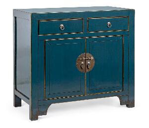 Cabinet din lemn reciclat de ulm, cu 2 sertare si 2 usi Jinan Albastru Antichizat, l91xA43xH84 cm