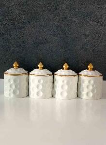 Set 4 recipiente pentru depozitare condimente, din ceramica, Regal Alb / Auriu, Ø7xH10 cm