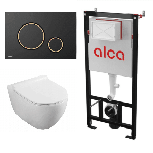 Set vas wc suspendat Fluminia Minerva Alb cu Rezervor WC Alcadrain AM101 si Clapeta Negru cu Auriu
