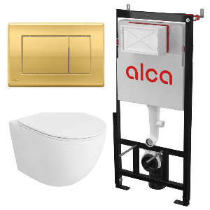 Set vas WC suspendat Matilda Alb cu rezervor Alcadrain si clapeta Auriu M275