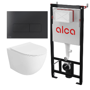 Set vas WC suspendat Matilda Alb cu rezervor Alcadrain si clapetă Negru Mat MOON-BLACK