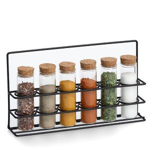 Set recipiente pentru depozitare condimente, cu suport metalic, Glass Negru / Natural, 7 piese