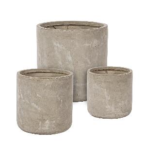 Set 3 ghivece din fibra de sticla si argila, Cement Cyl Grej, Ø50xH51 / Ø42xH41 / Ø34xH32 cm