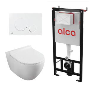 Set vas WC suspendat Fluminia Minerva Alb cu rezervor Alcadrain si clapeta alba