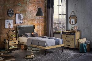 Set Mobila dormitor din pal si metal, pentru tineret 3 piese Wood Metal Natural / Negru, 200 x 100 cm
