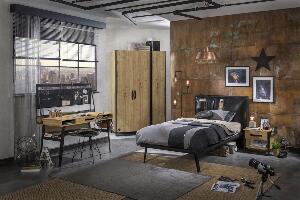 Set Mobila dormitor din pal si metal, pentru tineret 5 piese Wood Metal Natural / Negru, 200 x 120 cm