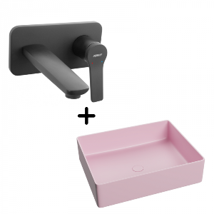 Set lavoar baie dreptunghiular roz, ventil inclus plus baterie incastrata neagra Stratos Ferro