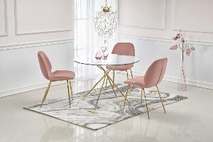 Set masa rotunda din sticla Rondo diametru 110 cm, inaltime 74 cm + 2 scaune din catifea K381 velvet roz/auriu inaltime 88 cm