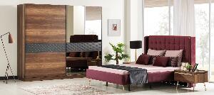 Set mobila dormitor din pal si metal, cu pat 200 x 160 cm, 6 piese Pietro Nuc / Auriu