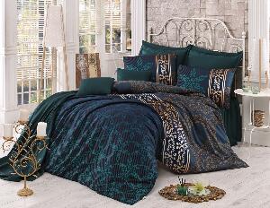 Lenjerie de pat din bumbac Satinat Alisa Verde Inchis / Mustariu, 200 x 220 cm