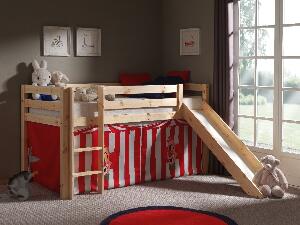 Pat etajat din lemn de pin, cu tobogan pentru copii Pino Chucky Natural, 200 x 90 cm