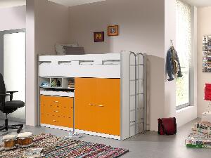 Pat etajat din pal si metal cu birou incorporat, 3 sertare si dulap, pentru copii Bonny High Alb / Portocaliu, 200 x 90 cm