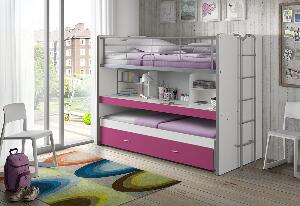 Pat etajat din pal si metal cu birou incorporat si sertar, pentru copii Bonny Alb / Fucsia, 200 x 90 cm
