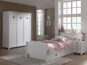 Set Mobila dormitor din lemn de pin si MDF, pentru copii 4 piese Amori Alb, 200 x 90 cm