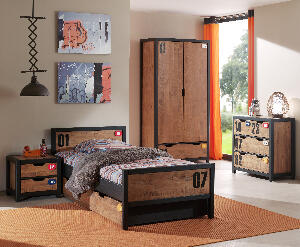 Set Mobila dormitor din lemn de pin si MDF, pentru copii 5 piese Alex Natural / Negru, 200 x 90 cm