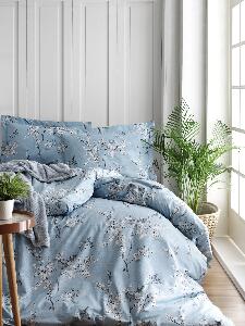 Lenjerie de pat din bumbac Ranforce, Chicory Albastru / Alb, 200 x 220 cm