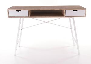 Masa de birou din MDF si metal, cu 2 sertare Benny-140 Stejar Sonoma / Alb, L120xl48xH76 cm