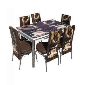 Set Lara, masa extensibila cu 6 scaune print, maro cafea, 130 165x80x79 cm