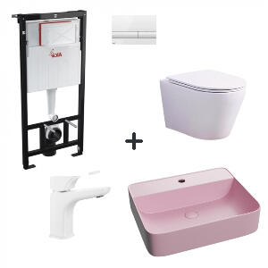 Set vas wc rimless cu capac soft close, lavoar baie roz mat, baterie si rezervor wc cu clapeta alb lucios