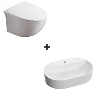 Set vas wc rimless cu capac soft close Alice plus lavoar baie alb cu orificiu baterie