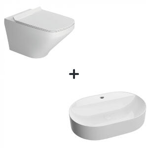 Set vas wc rimless cu capac soft close Bristol plus lavoar baie alb cu orificiu baterie