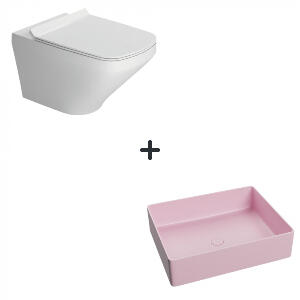 Set vas wc rimless cu capac soft close Bristol plus lavoar baie dreptunghiular roz mat