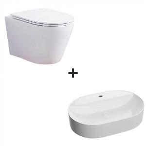 Set vas wc rimless cu capac soft close Oslo plus lavoar baie alb cu orificiu baterie