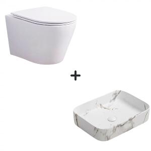 Set vas wc rimless cu capac soft close Oslo plus lavoar baie dreptunghiular cu efect marmura
