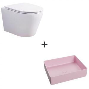 Set vas wc rimless cu capac soft close Oslo plus lavoar baie dreptunghiular roz mat